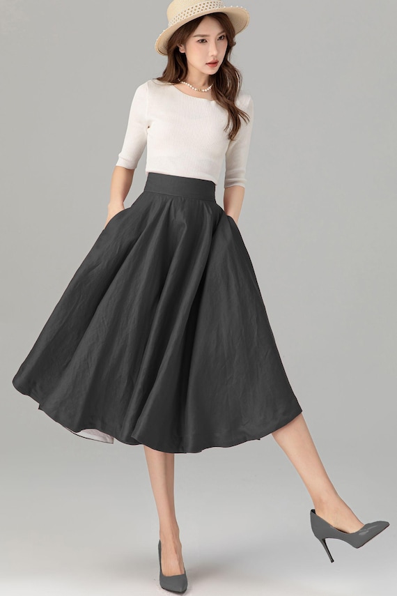 Dark Gray Fall Swing Linen Midi Skirt, Womens Knee Length