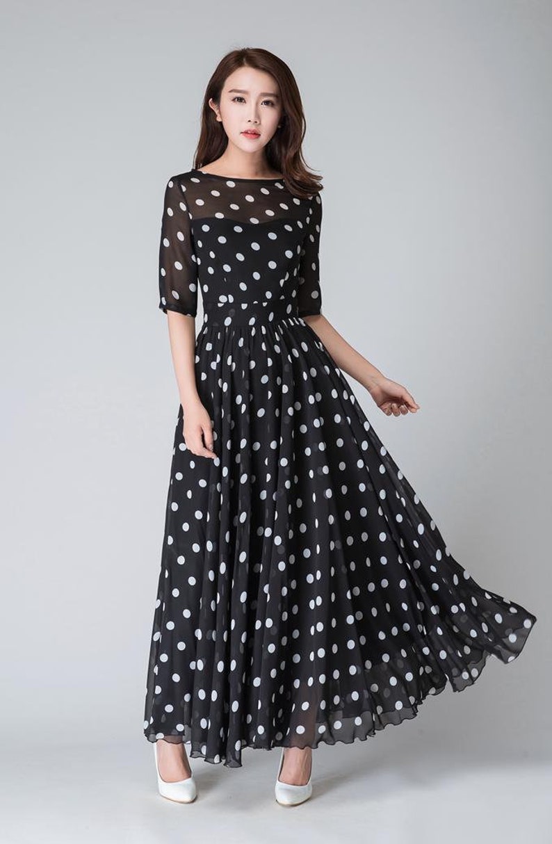 Polka Dot Maxi Chiffon Dress Women, Fit and Flare Dress, Swing Chiffon Long Maxi Dress with sleeve, Wedding Dress, Summer Boho Dress 1534 image 2