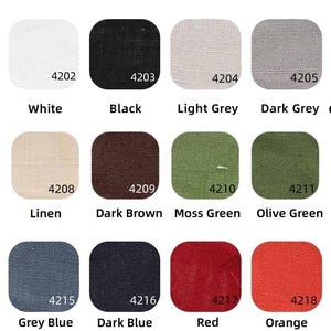 May include: A color chart featuring 19 fabric swatches in various colors, including off-white, white, black, light grey, dark grey, charcoal grey, beige, linen, dark brown, moss green, olive green, dark green, light blue, grey blue, dark blue, red, orange, and yellow.