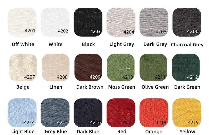 May include: A color chart featuring 19 fabric swatches in various colors, including off-white, white, black, light grey, dark grey, charcoal grey, beige, linen, dark brown, moss green, olive green, dark green, light blue, grey blue, dark blue, red, orange, and yellow.