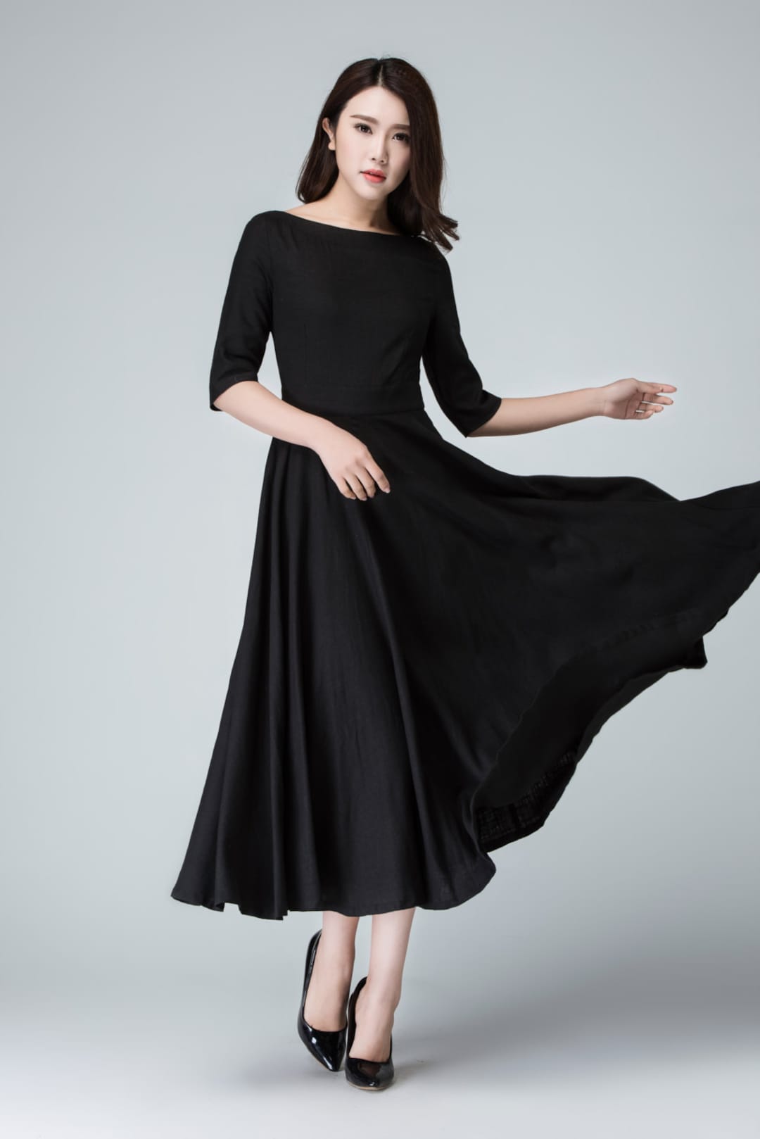 Linen Flare Dress | Black Elegant Fit And Little 1458 Handmade By Xiaolizi