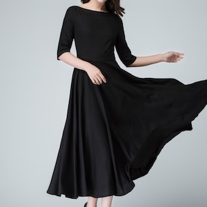 Black linen dress, womens dresses, black dress women, long black dress, Fit and flare dress, boat neck dress, evening gown sleeves 1458 image 3