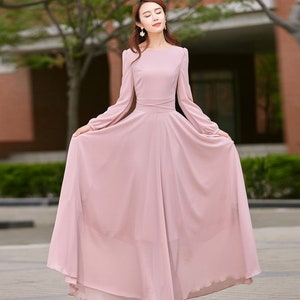 Chiffon dress, Pink dress, Long sleeve Bohemian Swing Chiffon dress, Women Summer spring Fit and Flare Chiffon Maxi dress, Custom dress 2623 image 2