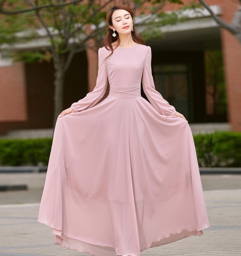 Chiffon dress, Pink dress, Long sleeve Bohemian Swing Chiffon dress, Women Summer spring Fit and Flare Chiffon Maxi dress, Custom dress 2623 image 2
