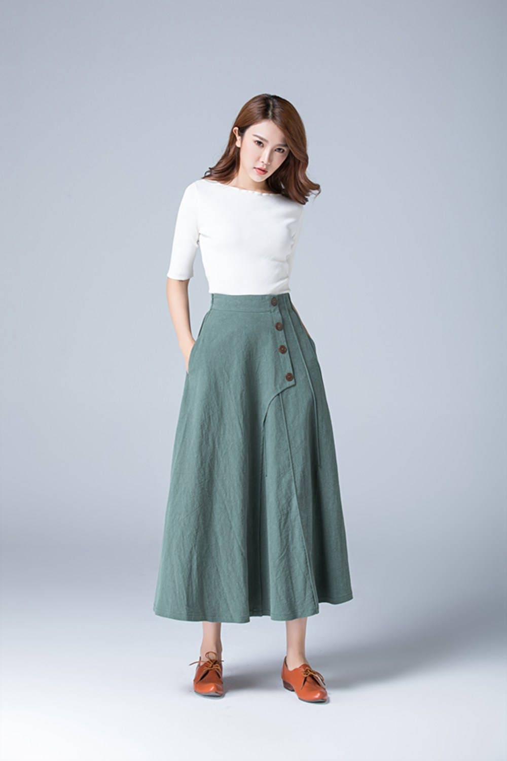 Green Skirt Linen Skirt Full Skirt Casual Skirt Button Etsy