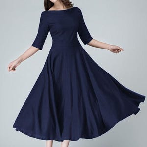 Czarna lniana sukienka midi, elegancka sukienka w kształcie litery A z krótkimi rękawami, sukienka rozkloszowana, sukienka lniana z rozkloszowanym dekoltem, sukienka z dekoltem w łódkę, Xiaolizi 5602 3-Navy blue