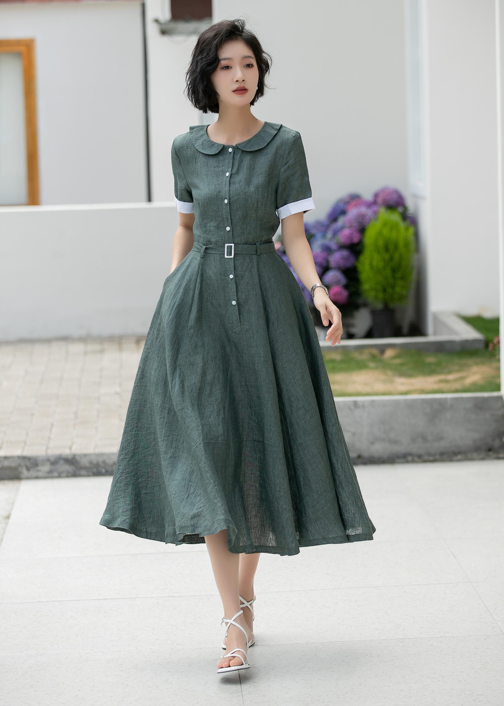 Dark Green Linen Dress, Midi Shirt Dress, Fit and flare Linen Dress, Swing Long Linen Dress, Womens Summer Spring Linen Dress, Xiaolizi 5988 Dark Green Linen Dress, Midi Shirt Dress, Fit and flare Linen Dress, Swing Long Linen Dress, Womens Summer Spring Linen Dress, Xiaolizi 5988