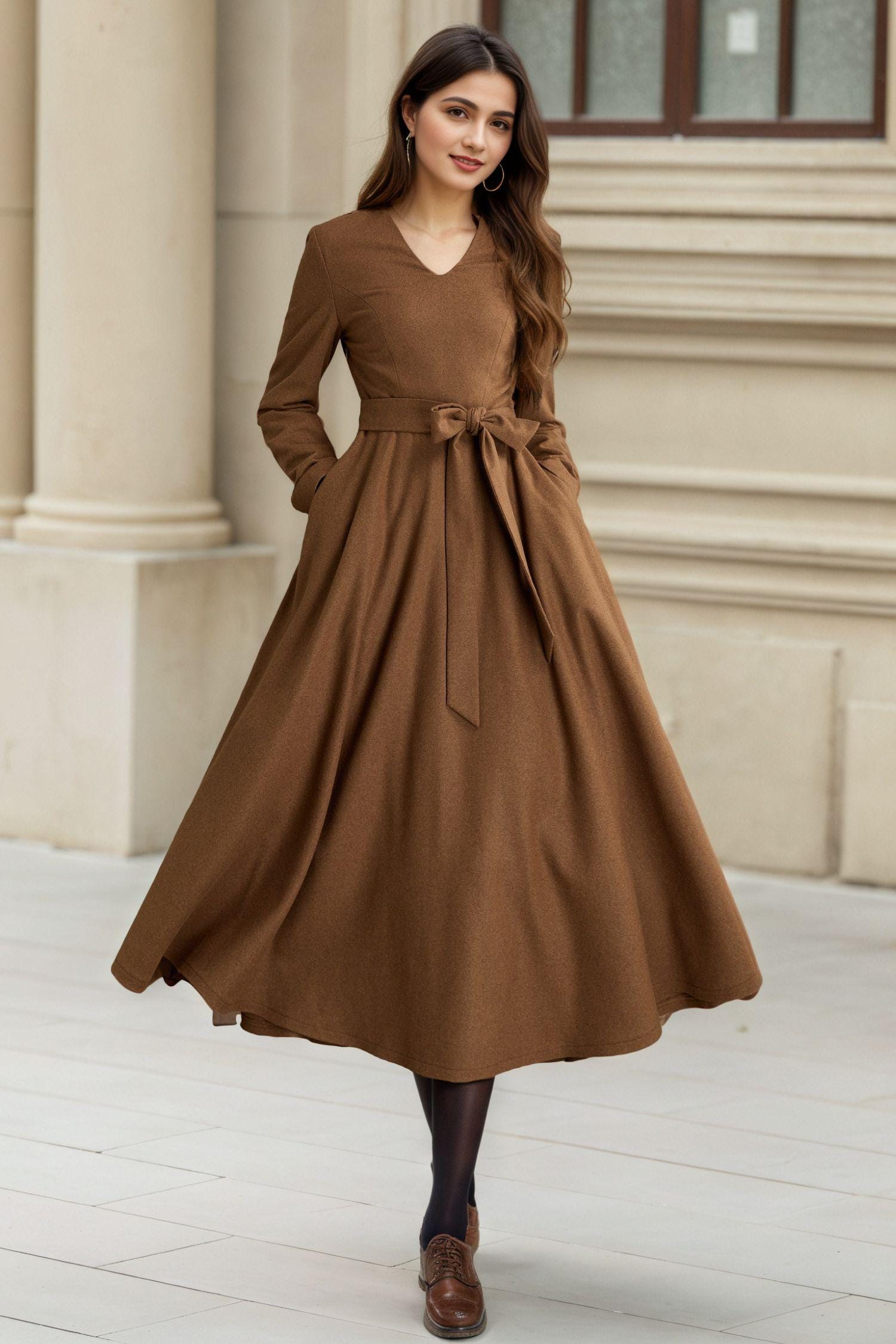 blue dress for baby girl Darla Long Sleeve Satin Dress Tan main image 0