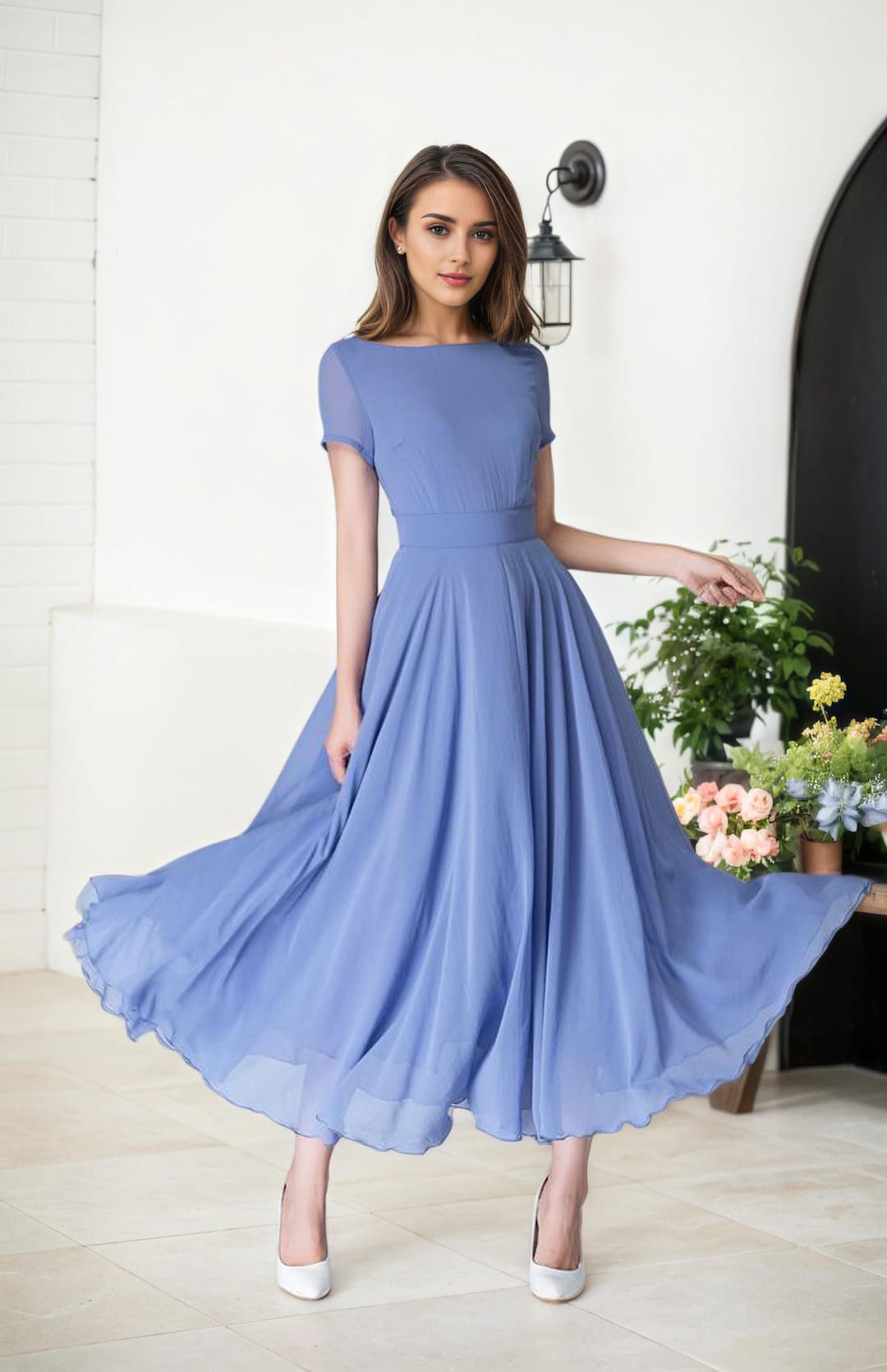 Blue Bridesmaid Dress With Sleeves, Simple Beach Wedding Dress