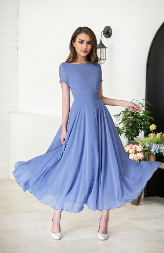 Blue Bridesmaid Dress with Sleeves Blue Bridesmaid Dress With Sleeves, Simple Beach Wedding Dress, Summer Long  Women Chiffon Dress, Bohemian Swing Chiffon Maxi Dress 1523# - Etsy