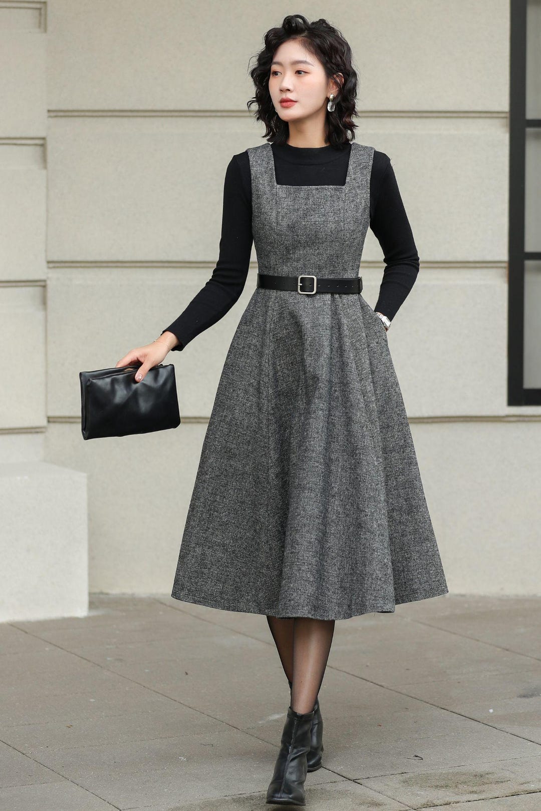 Vintage Inspired Wool Pinafore Dress: Grey Tweed A-line Midi