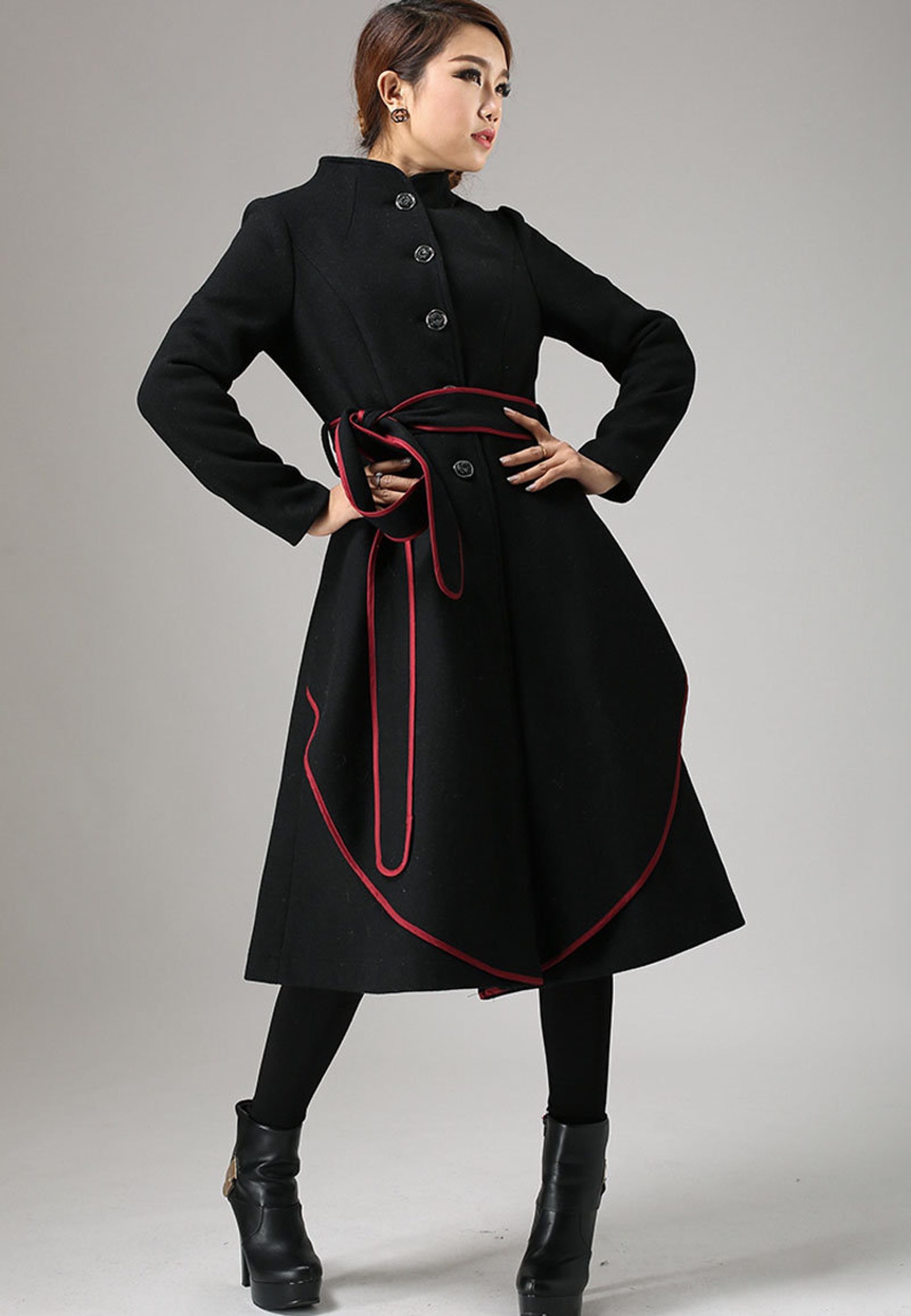 Dark Red Coat Stand up Collar Wool Coat Winter Coat for Etsy