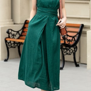 Zomer linnen jurk, groene mouwloze jurk, casual linnen midi-jurk, linnen jurk met riem en zakken, plus size jurk, aangepaste jurk 4968 afbeelding 4