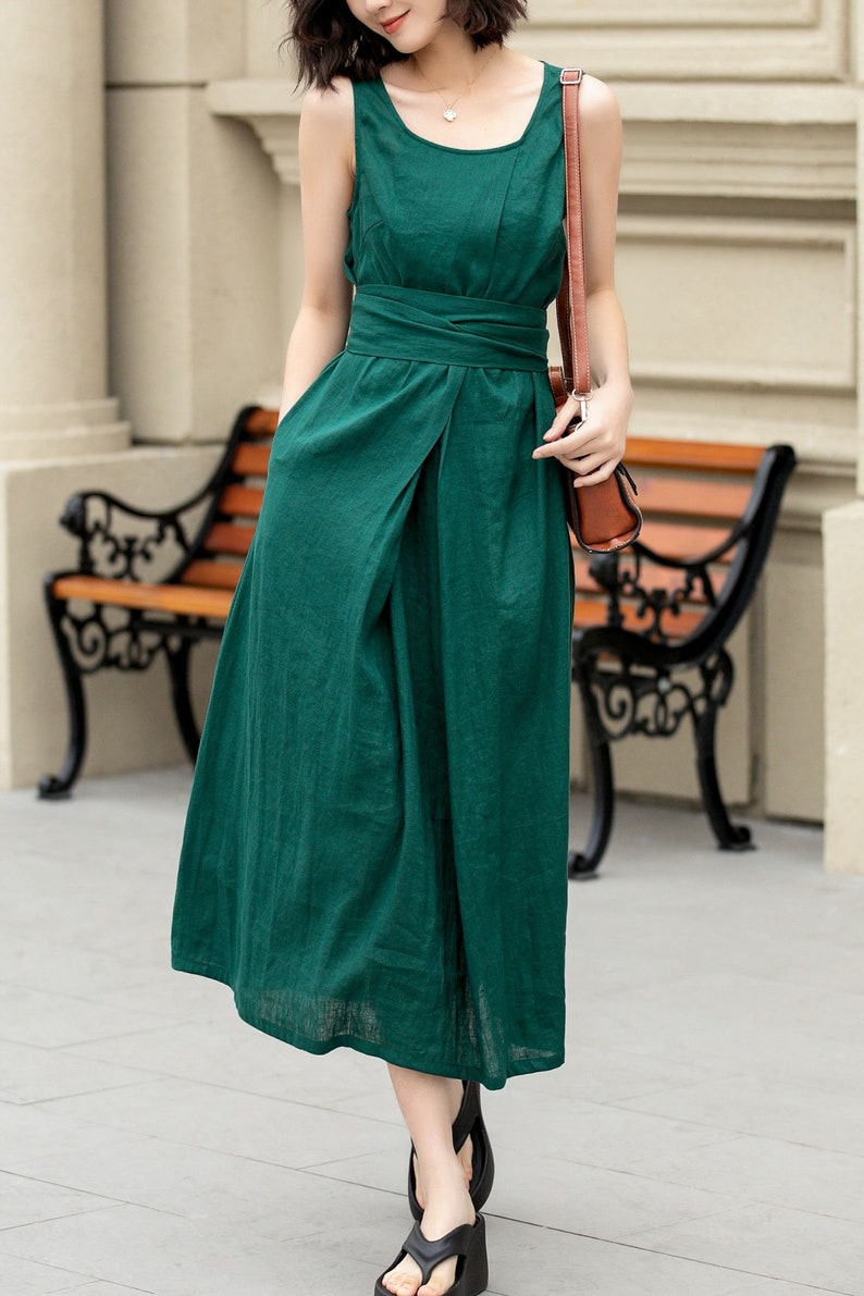 Summer Linen Dress, Green Sleeveless dress, Casual Linen Midi Dress, Belted Linen dress with pockets, Plus size dress, custom dress 4968 image 4