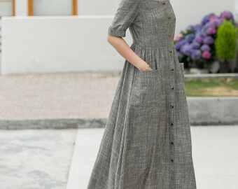 Green Linen Midi Dress: Button-down A-line With Pockets, Xiaolizi