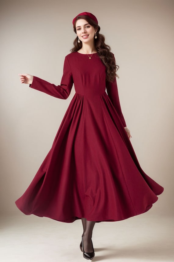 Fit and flare burgundy wool dress women 4545 Fit and flare burgundy wool dress women 4545