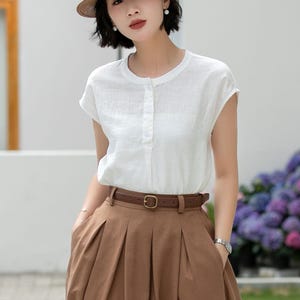 Blusa blanca de lino puro, estilo vintage con botones en la parte delantera, ideal para la oficina en verano, Xiaolizi 5992 imagen 2
