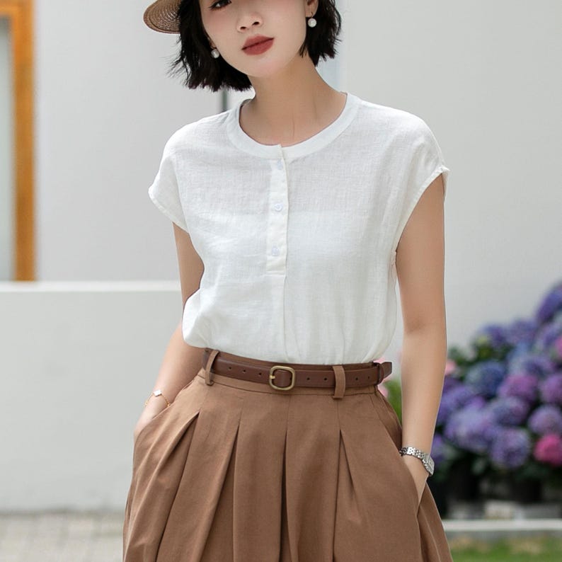Blusa blanca de lino puro, estilo vintage con botones en la parte delantera, ideal para la oficina en verano, Xiaolizi 5992 imagen 2