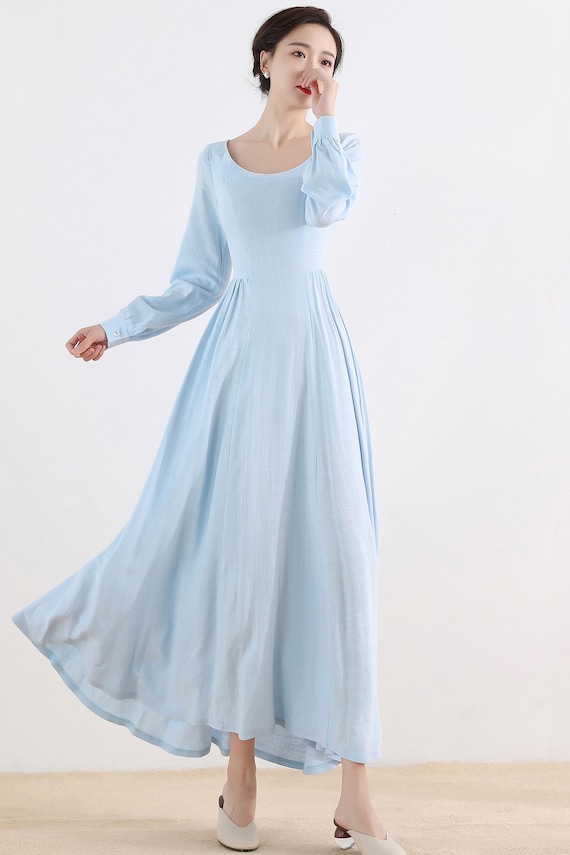 knee length dresses for ladies Provence Bloom Long Sleeve Maxi Dress Floral Blue– Selfie Leslie