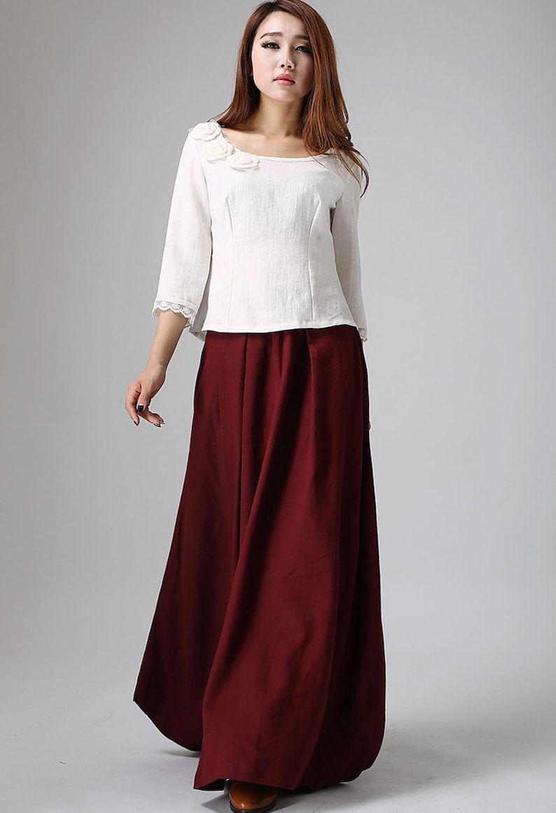 Burgundy skirt, linen skirt, maxi linen skirt, Asymmetrical skirt, women linen skirt, linen skirt pockets, women linen clothing 0910 image 5