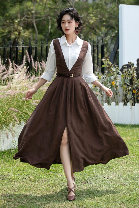 womens cotton pinafore dress Amazon.com: TALIBSA Japanese Cotton Linen Cross Back Pinafore Apron Dress  for Women, Floral Print Pinafore Dress with Pockets, Adjustable Waist Ties  for Cooking Baking Gardening Cafe(Brown flower) : Home & Kitchen