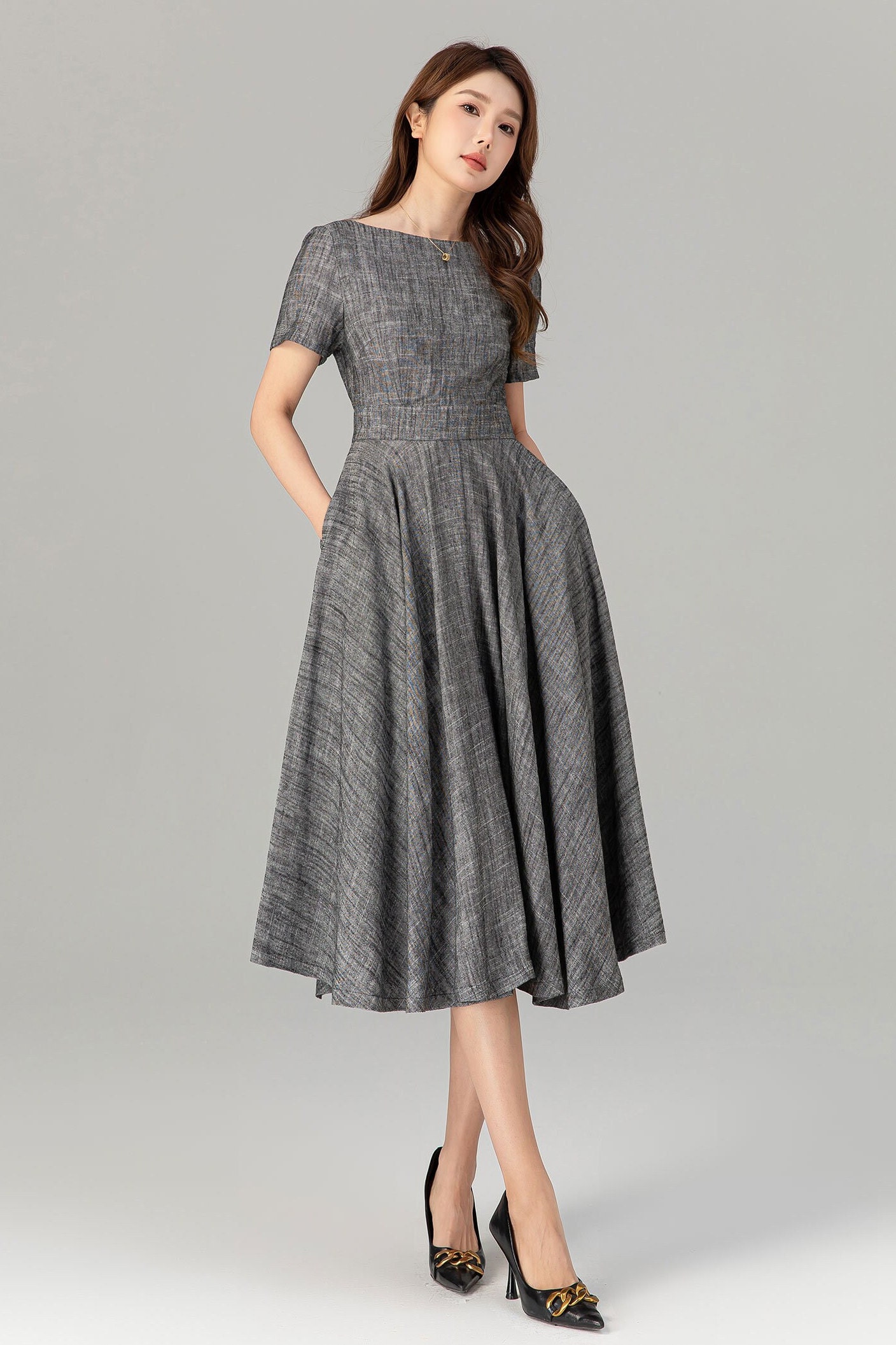 Semi-formal Gray Linen Midi Dress, Spring Linen Swing Dress