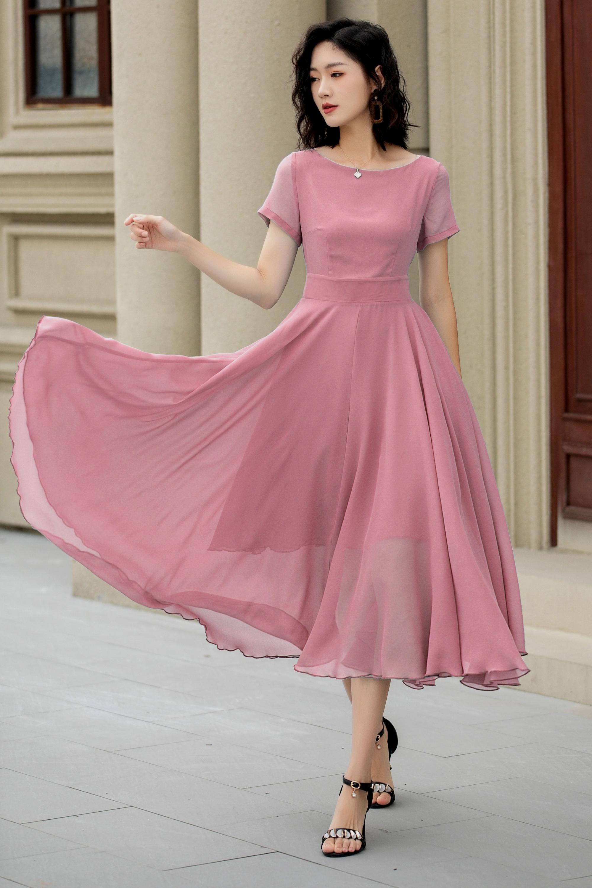 Pink Chiffon Midi Dress, Women Summer Dress, Romantic and Flowy