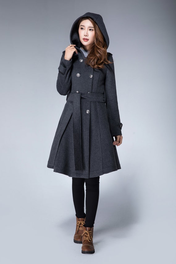 Belted Wool Coat Hooded Coat Double Breasted Grey Military 