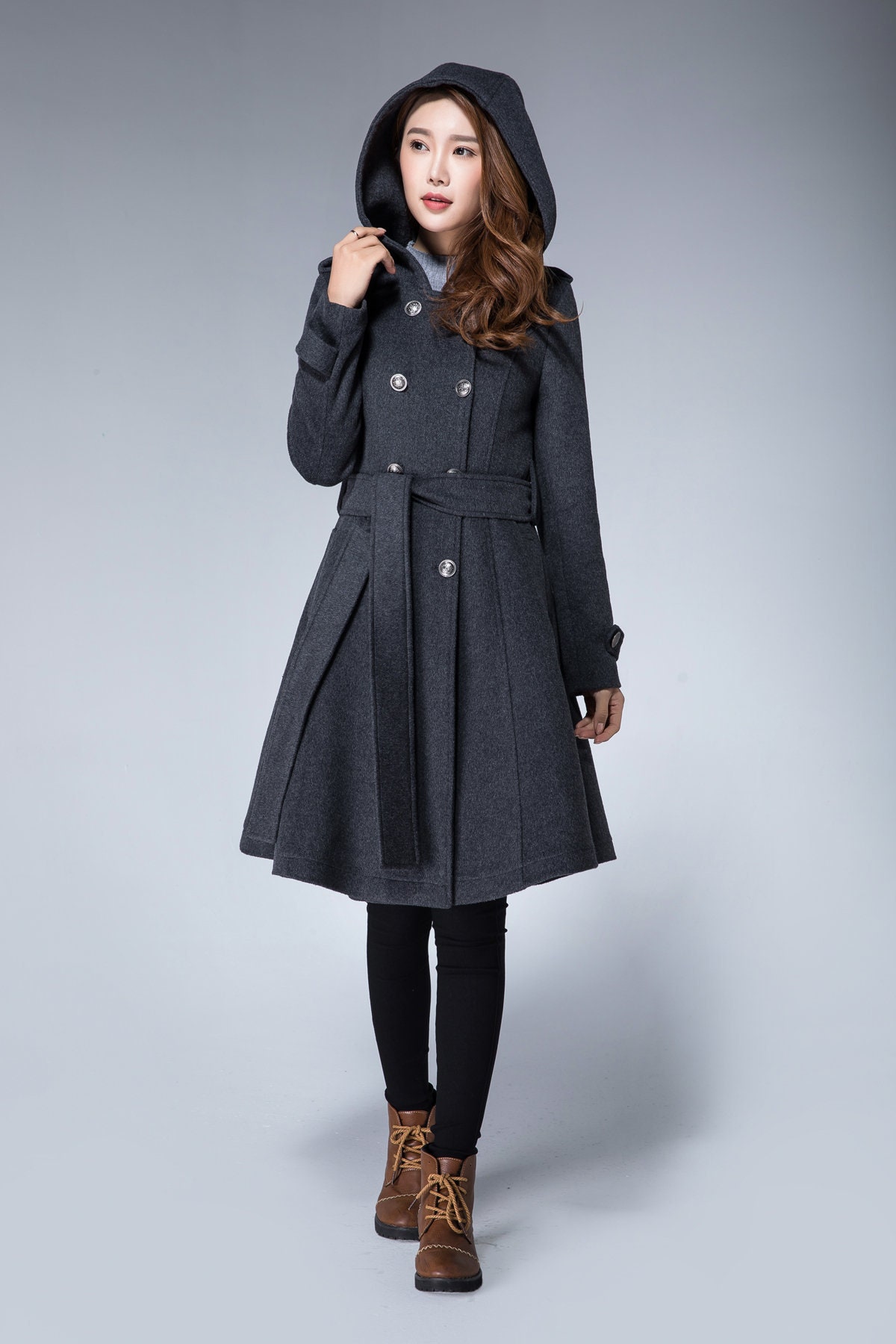 Belted Wool Coat, Hooded Coat, Double Breasted Grey Military Belted Wool Coat, Hooded Coat, Double Breasted Grey Military
