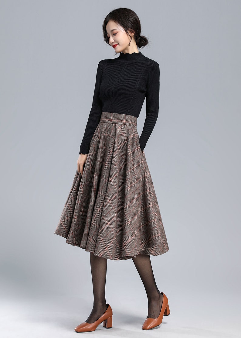 Plaid Wool Skirt Women, Tartan Wool Circle Skirt, High Waist Wool Skirt, Flared Winter Autumn Skirt with Pockets, Swing Wool Skirt 3167 image 4