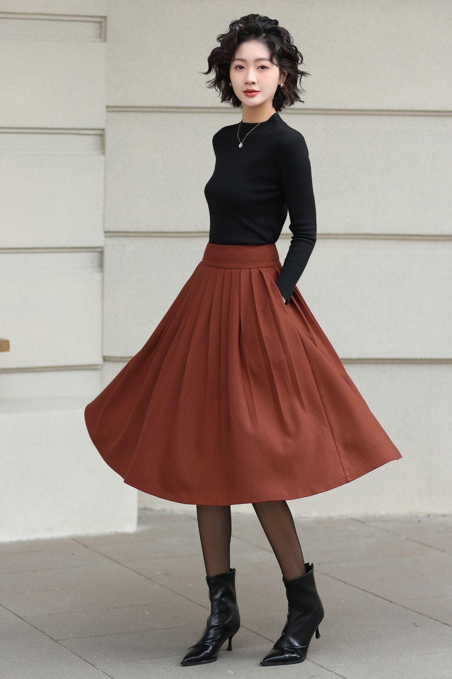 新品　正規品　WOMEN’S WARM LOGO LINE SKIRT Rust Wool Blend Midi Skirt: High Waist Pleated A-line Winter Skirt