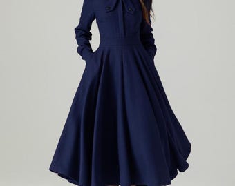 Navy blue Wool Dress, Women wool dress, A-line wool Dress, Vintage Inspired Wool Dress, Winter swing wool Dress, Custom Dress, Xiaolizi 4490