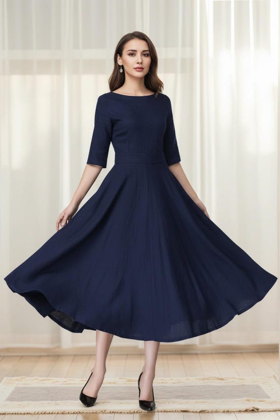 navy blue dress fit and flare Navy Wool Midi Dress – Handmade Fit & Flare Winter Elegance 4493 Navy / L