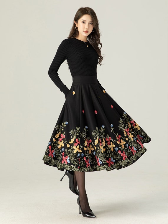 Black embroidered midi wool skirt 4665 Black embroidered midi wool skirt 4665