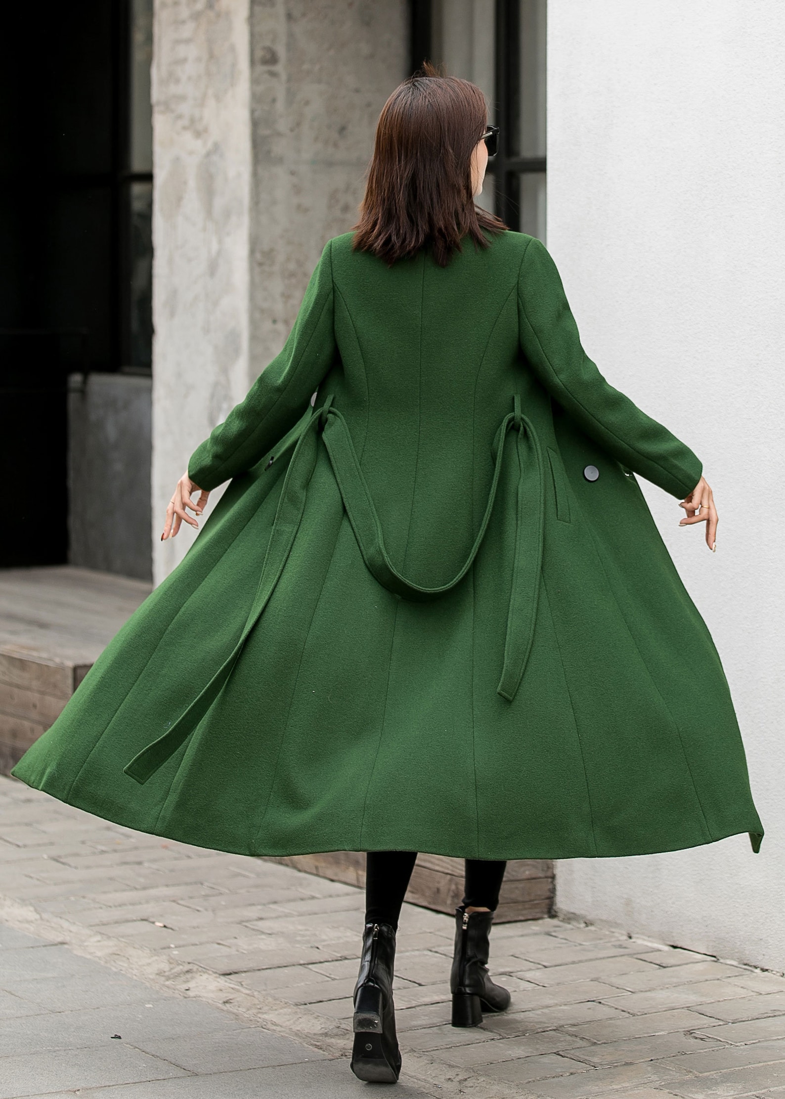 British Style Long Wool Coat in Green, Warm Coat Women, Vintage Winter