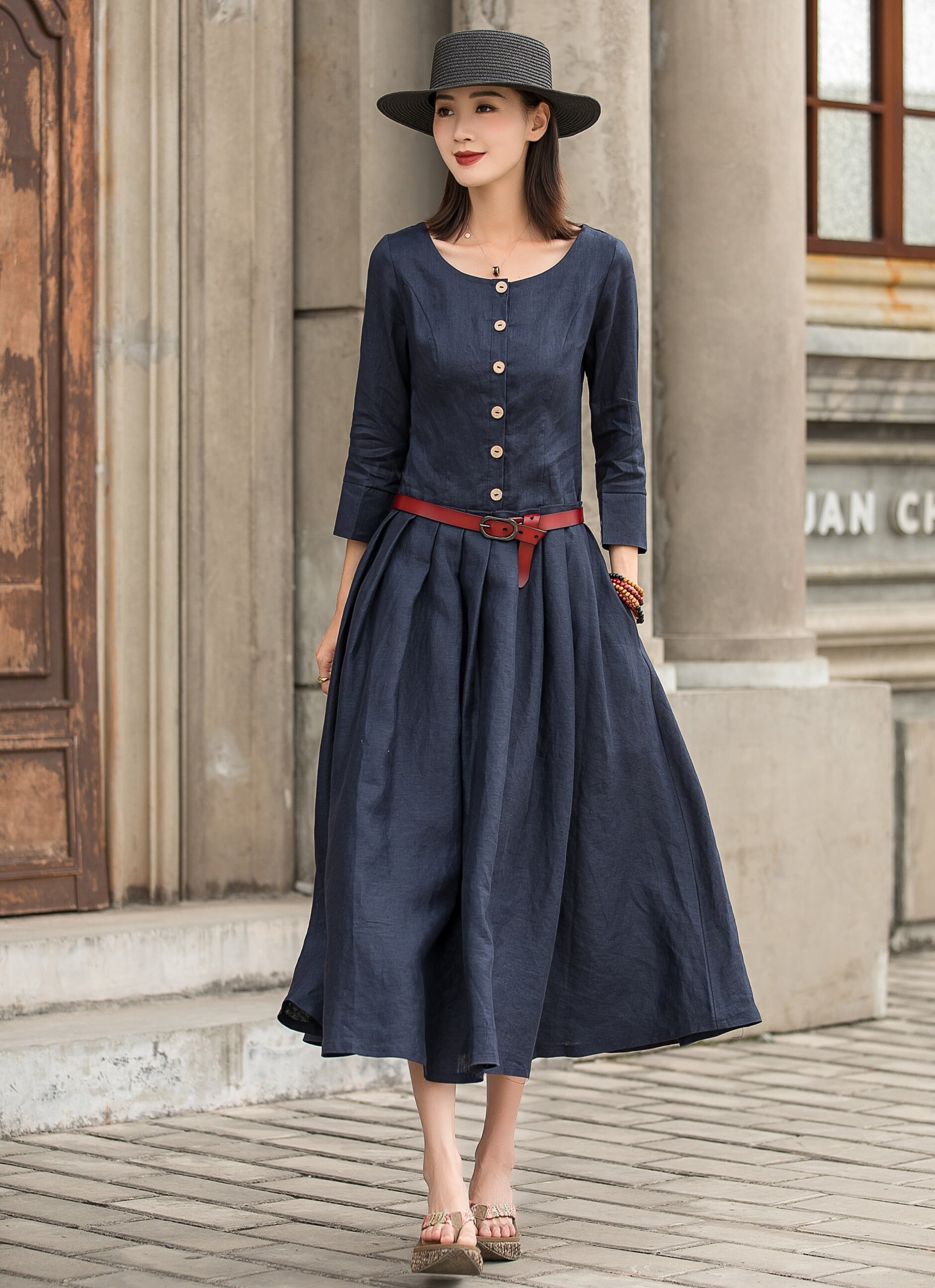 Linen dress Short sleeve linen dress in blue casual belted Etsy