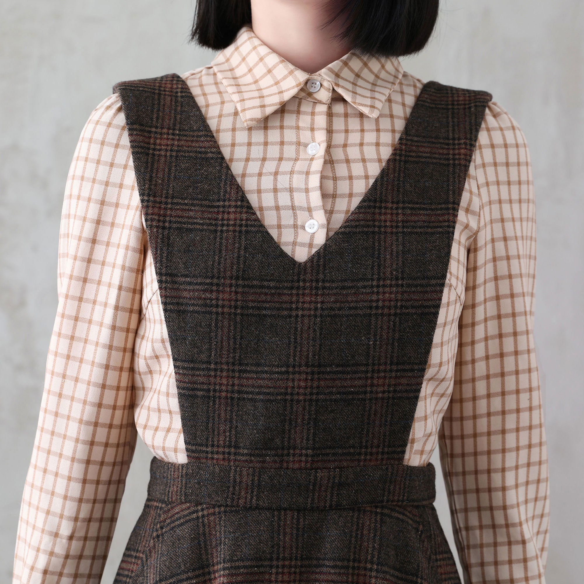 Long Wool Pinafore Dress, Vintage Inspired Plaid Wool Dress