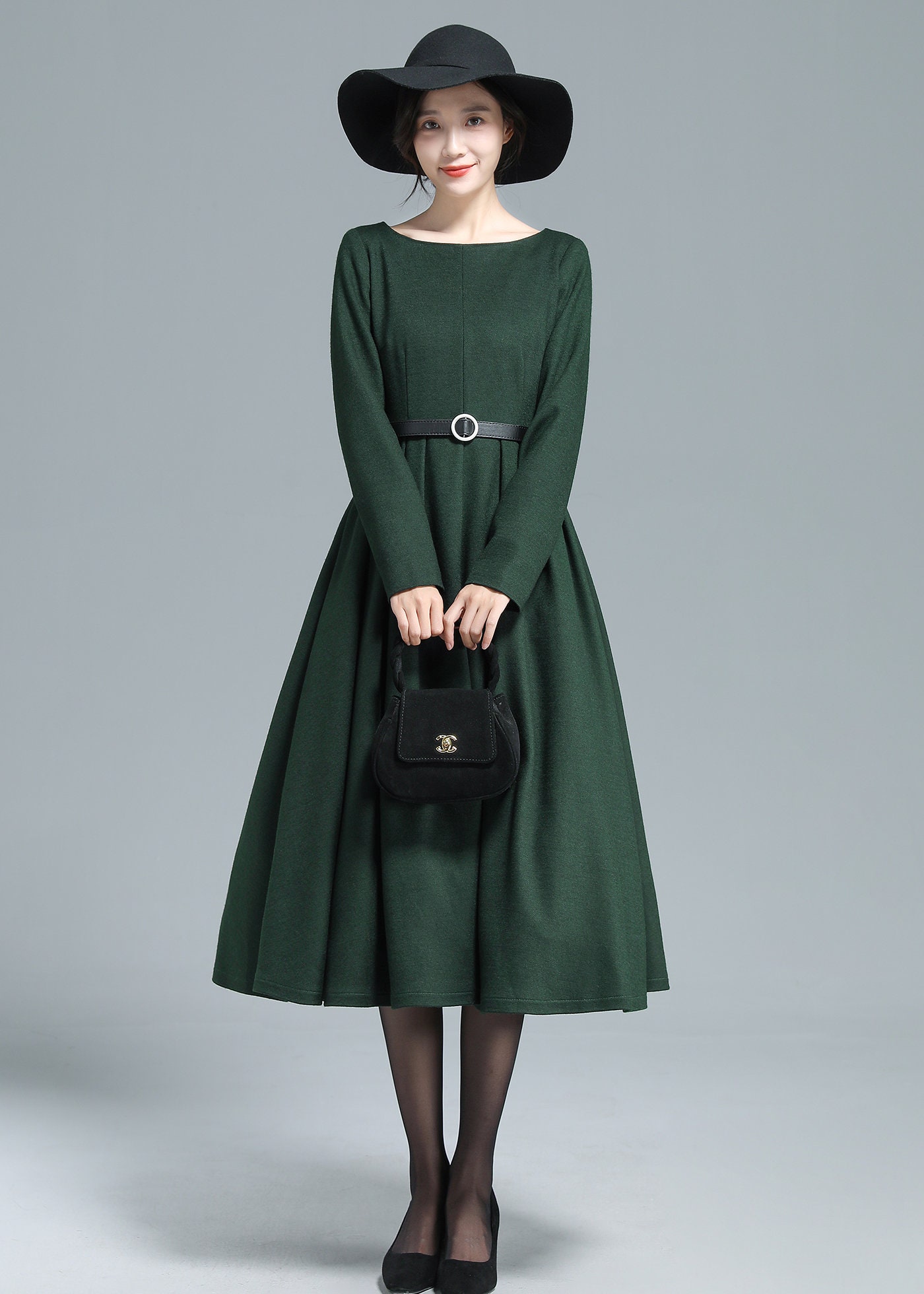 Green Winter Wool Dress Women, Wool Midi Dress, Long Sleeve Dress