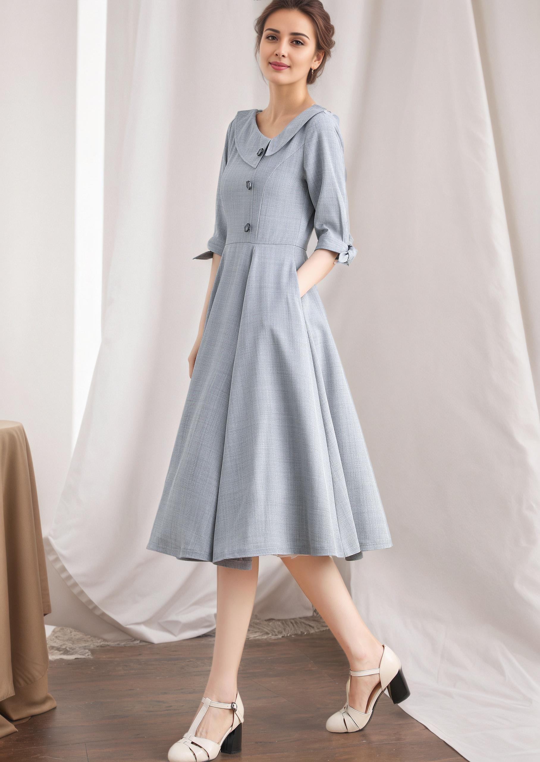 gray midi dress Grey linen twist neck ISA SUNMOR creating a timeless and sophisticated look Grey Sweater Dress - Midi