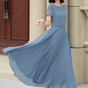 Summer office dress, Blue Chiffon Dress, Midi chiffon dress, Womens Swing Chiffon dress, fit and flare dress, Custom dress, XiaoLizi 5192 image 7