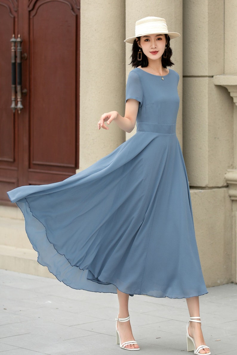 Summer office dress, Blue Chiffon Dress, Midi chiffon dress, Womens Swing Chiffon dress, fit and flare dress, Custom dress, XiaoLizi 5192 image 7