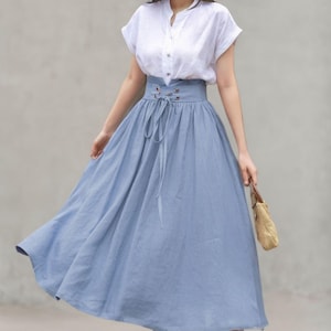 Pink Linen skirt, Long linen skirt for women, pleated linen maxi skirt, High waist Swing skirt with pockets, Womens skirt, Xiaolizi 4261# image 8