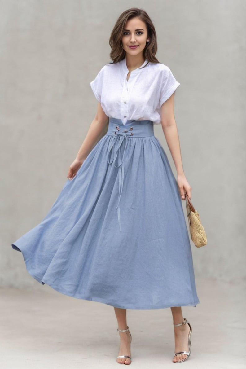 Pink Linen skirt, Long linen skirt for women, pleated linen maxi skirt, High waist Swing skirt with pockets, Womens skirt, Xiaolizi 4261# image 8