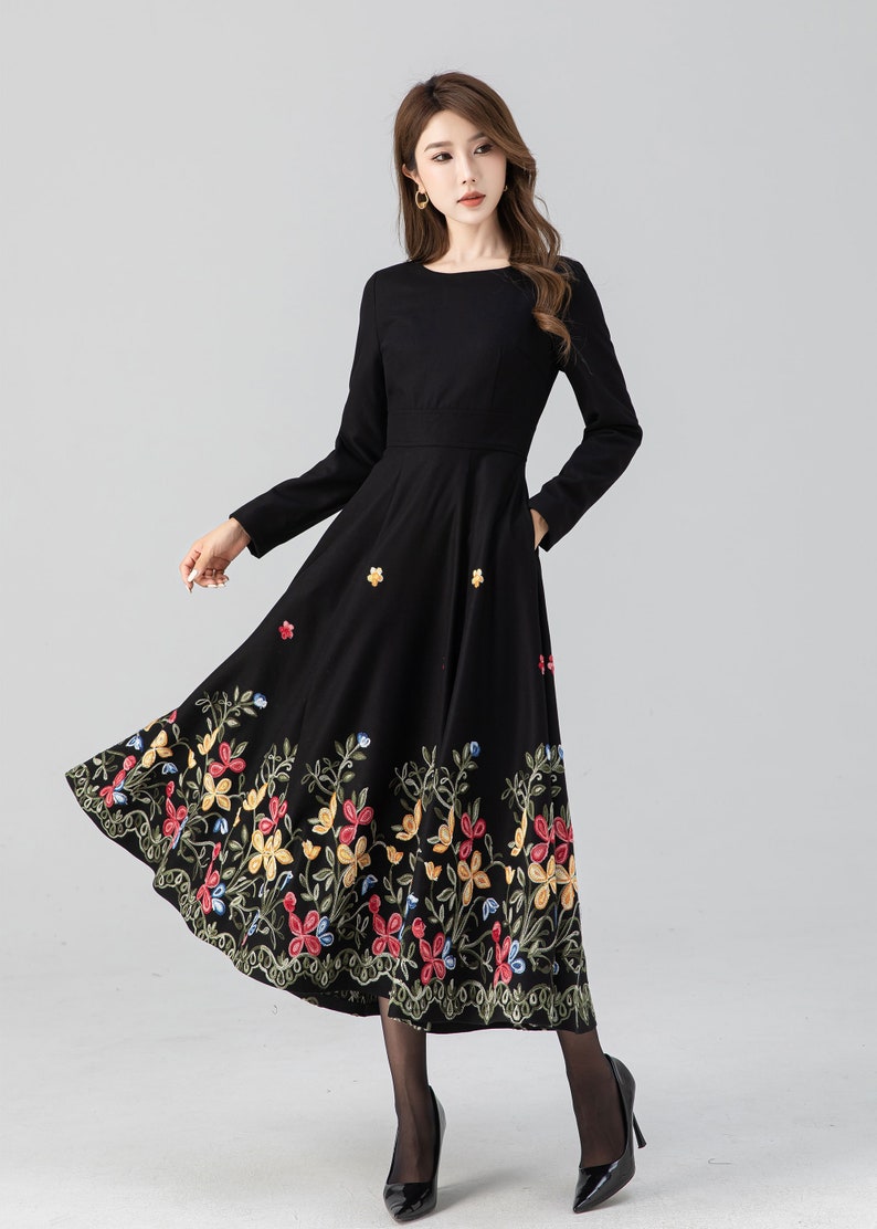 Midi wool dress, Black embroidered dress, Long sleeve wool dress, Fit and flare dress, Swing winter dress, Custom dress, Xiaolizi 4663 image 3