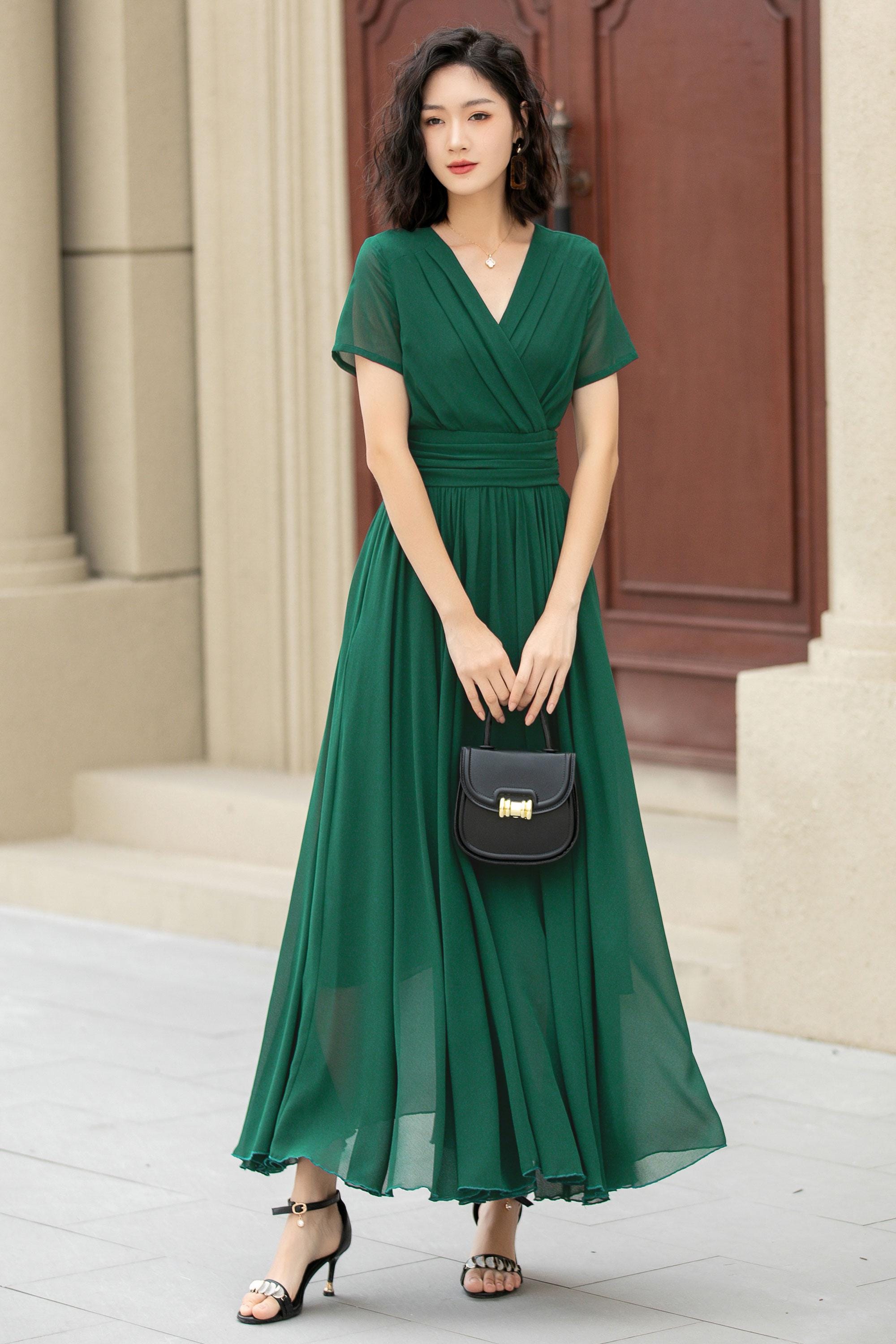 Summer Maxi Prom Chiffon Dress | Emerald Green Deep V-neck 6025 Handmade By Xiaolizi