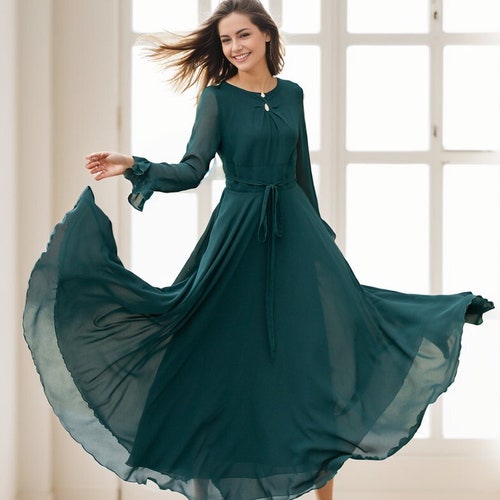 Chiffon Dress, Maxi Chiffon Dress, Chiffon Womens Green Dress, Boho Chiffon Long Dress, Summer Chiffon Dress, Custom Dress, Xiaolizi 5141