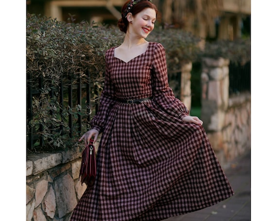 Plaid Wool Long Dress, Long Sleeve Wool Dress, Plaid Wool Plaid Wool Long Dress, Long Sleeve Wool Dress, Plaid Wool