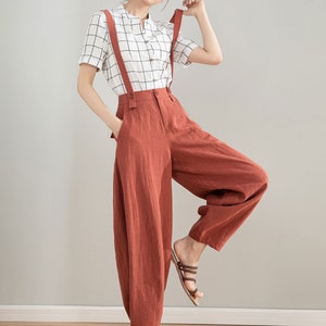 Red Suspender linen Pants, Womens Baggy Linen Pants, Spring Summer Linen Pants, Vintage Inspired Long Pants, Custom Pants, Xiaolizi 4212 image 4