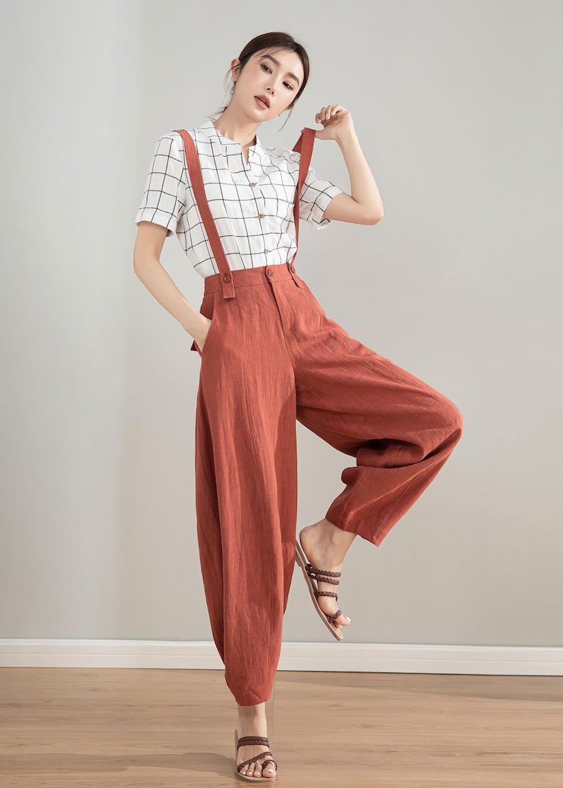 Red Suspender linen Pants, Womens Baggy Linen Pants, Spring Summer Linen Pants, Vintage Inspired Long Pants, Custom Pants, Xiaolizi 4212 image 4