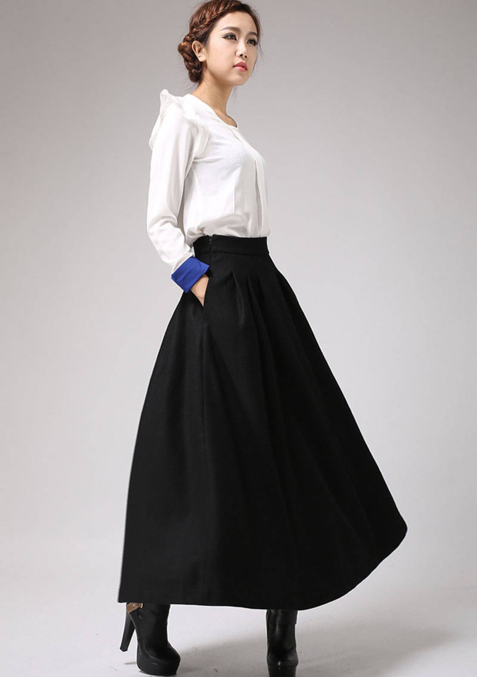 Black wool skirt maxi skirt winter skirt pleated skirt | Etsy